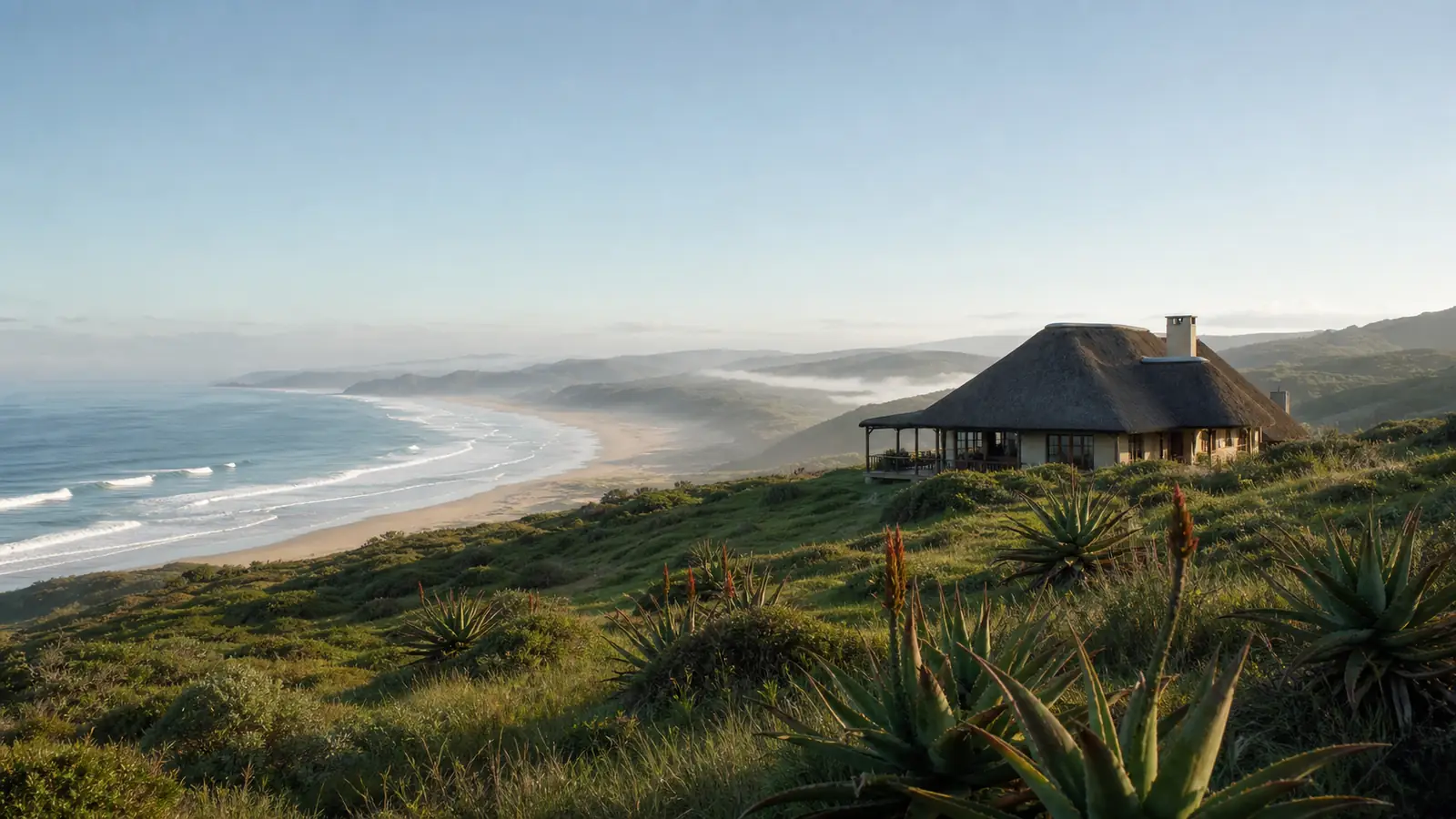 Guests walking between rondavels on a Wild Coast hillside, Eastern Cape