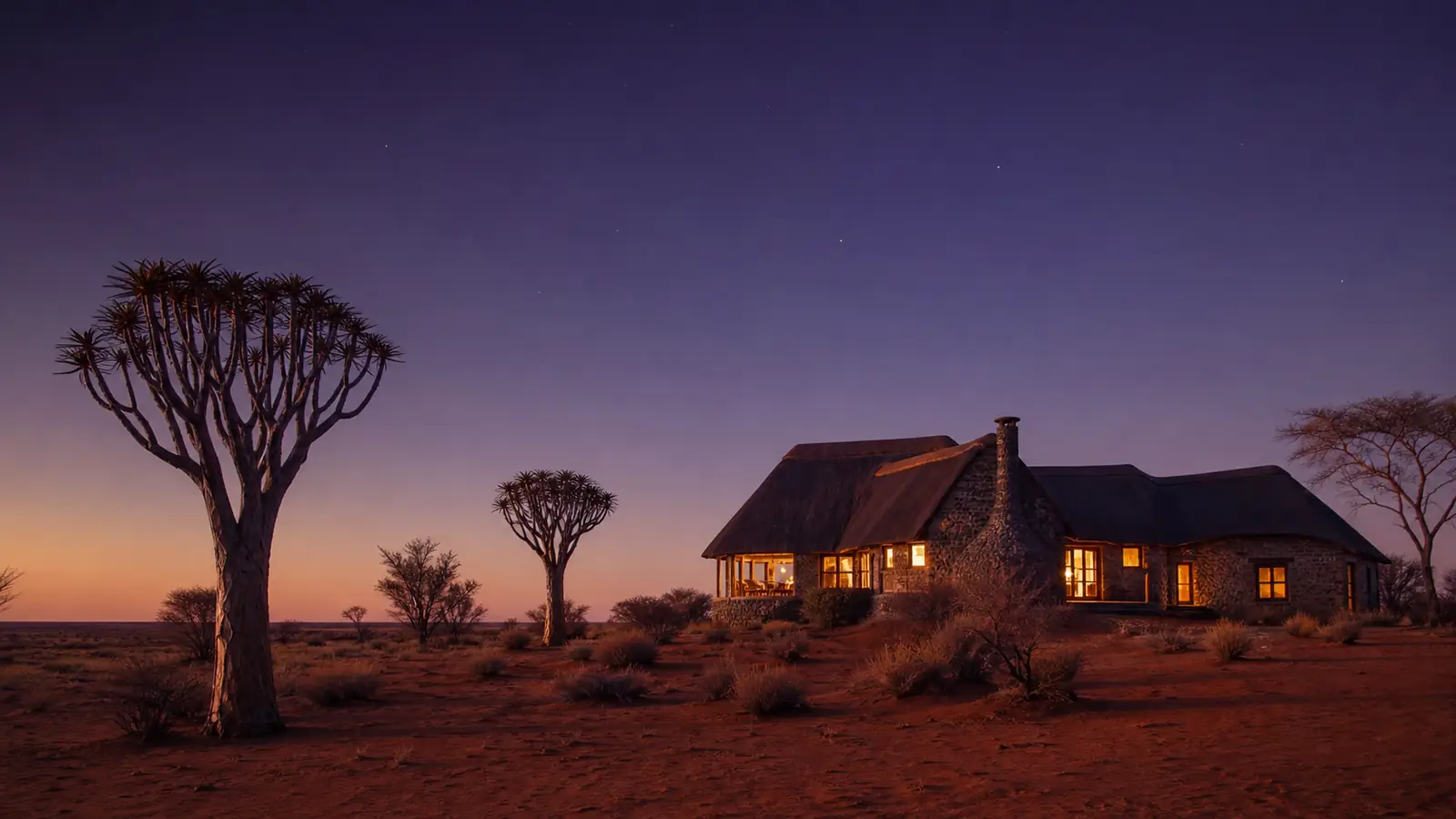 A lit guest house among quiver trees under a Northern Cape night sky