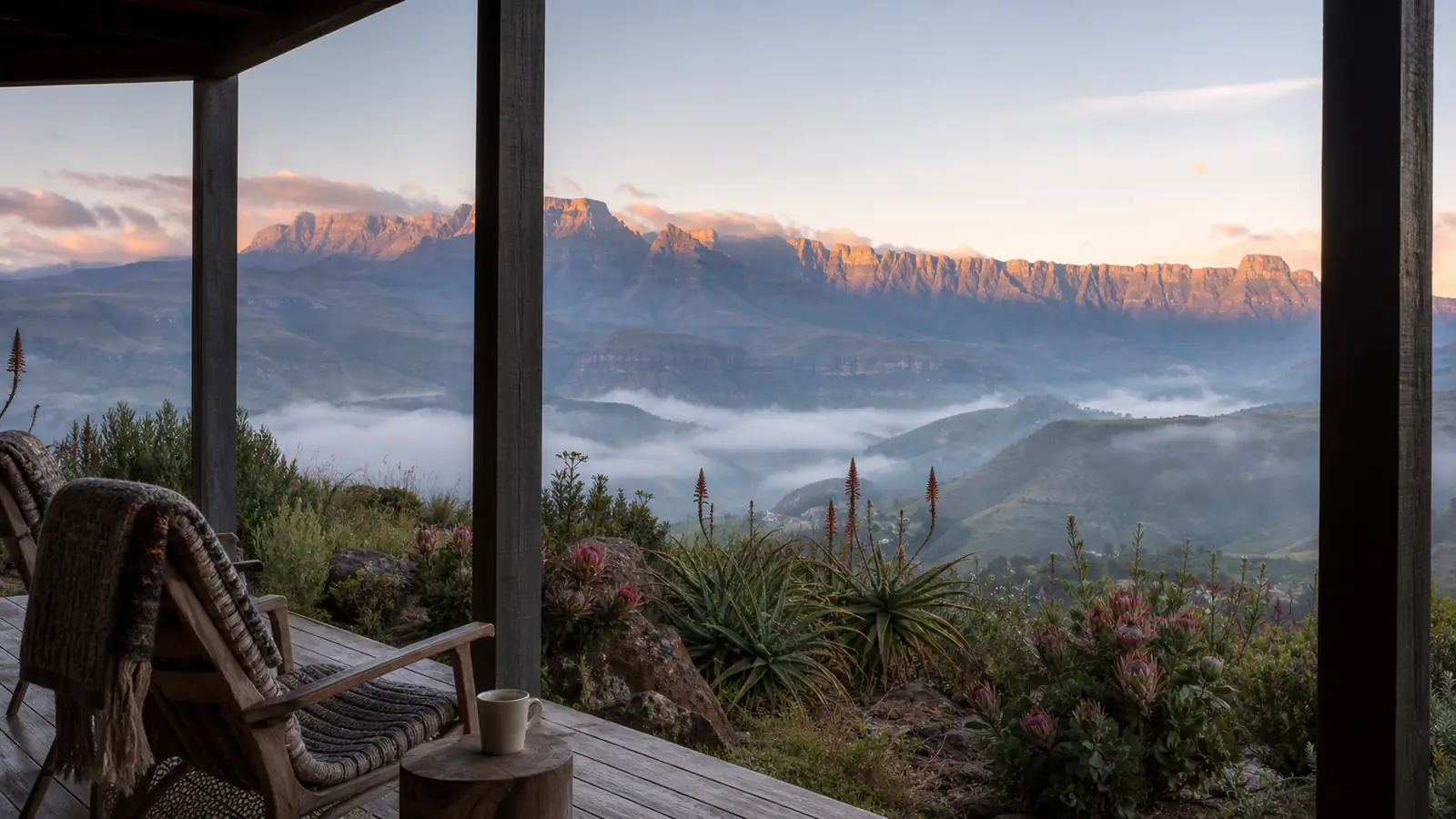 Subtropical rain on a wide guest house veranda in KwaZulu-Natal