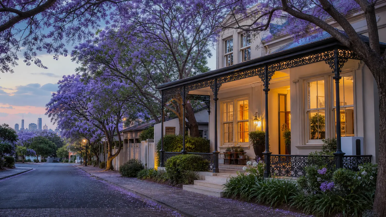 A restored townhouse guest house under jacarandas at dusk in Gauteng